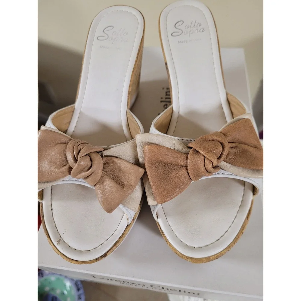 Lorenzo Chelini Sotto Sopra Women White Tan Bow Wedge Sandals Size 6 Italy